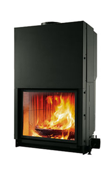 EDILKAMIN CRISTAL 76 de 12 Kw tiro natural. Chimenea con puerta guillotina de cristal cerámico. Completado con: 2 salidas aire caliente. Fuego de Ecokeram®.  Salida humos hembra Ø 25 cm.