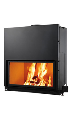 EDILKAMIN FLAT 120 de 13 Kw tiro natural. Modelo de gran superficie acristalada en sentido horizontal. Fuego Ecokeram®., Salida de humos superior Ø 30 cm.hembra. Con deflector regulación manual de aire de combustión. Sistema de limpieza de cristal. Crista