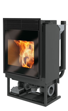 EDILKAMIN PELLET-BLOK  de 15 Kw.Fuego de Ecokeram con plano fuego de fundición.Cajón pellet colocado en posición frontal ergonómica: permite cargar el pellet sin el uso de ninguna escalera o taburete, también con la chimenea encendida.