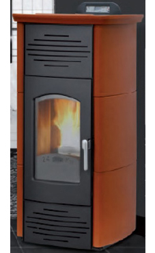 GREENHEISS Multicombustible CARLOTTA OMNIA PRESTIGE de 23 Kw.  Recubrimiento cerámico antirrefractario. Acabados ocre ,marfil  y rojo burdeos. Depósito de pellet de 35 Kg. Con programador semanal y mando a distancia. (para pellet, hueso de oliva, avellana