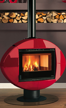 NORDICA-EXTRAFLAME ELLIPSE 8 Kw. (blanca infinity o burdeos) Revestimiento de mayolica  Base y cuerpo giratorio en el eje  Estufa que gira a 90  Cristal ceramico que resiste hasta 750°