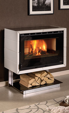 NORDICA-EXTRAFLAME FLY CON SUPPORTO 8,5 Kw. (blanca infinity o negro brillante) Revestimiento exterior de mayólica  Hogar de ironker  Crystal cerámico resistente a 750°  Cajón de cenizas extraíble