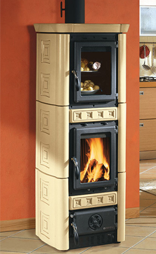 NORDICA-EXTRAFLAME GAIA FORNO 6 Kw.(burdeos, pergamino o capuchino) Revestimiento exterior de mayólica Horno esmaltado Puertas de hierro fundido Cristal ceramico que resiste hasta 750°