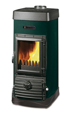 NORDICA-EXTRAFLAME JUNIOR 5 Kw.(negro antracita o verde) Revestimiento exterior de acero esmaltado (mate)  Puertas y cabezal de hierro fundido  Abertura acordeón de la puerta  Sacude-rejilla accionable desde el exterior