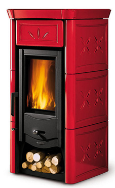 NORDICA-EXTRAFLAME LUCY 6 Kw.(capuchino o burdeos) Revestimiento externo en mayòlica echo a mano Hogar en hierro colado  Puerta en hierro colado esmaltado Vidrio ceramico resitente hasta 750°C