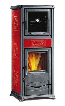 NORDICA-EXTRAFLAME ROSSELLA PLUS FORNO EVO 8 Kw.(pergamino ,pedra natural o burdeos)Revestimiento exterior de piedra ollare o mayólica  Horno esmaltado  Puerta, basamento y cabezal de hierro fundido  Cristal ceramico que resiste hasta 750°C