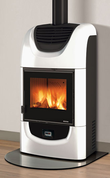 NORDICA-EXTRAFLAME WANDA 9,4 Kw. (blanca infinity) Revestimiento exterior de mayólica  Estufa Calalizable Hogar en fundiciòn con post combustiòn  Hogar con llama vertical