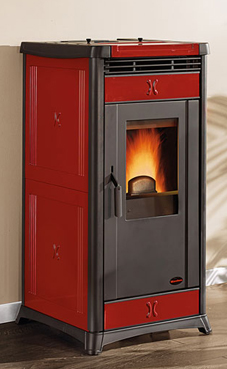 NORDICA-EXTRAFLAME IRMA 3,3-11,4 Kw Revestimiento de mayólica  (pergamino o burdeos) ,Ventilación forzada , Cajón extraíble para la ceniza , Hogar en fundición extraíble , Intercambiador de calor con sistema de limpieza manual , Aspirador de humos con con