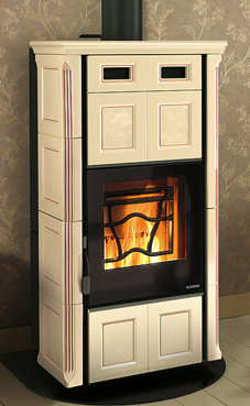 NORDICA-EXTRAFLAME CLEO COMBI VOGUE AM 6,4 Kw (estufa de pellet-leña) Revestimiento de mayolica, decoración a mano  Hogar de ironker  Crystal cerámico resistente a 750°C Colores: silk vogue amatista.