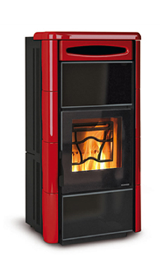 NORDICA-EXTRAFLAME CLEO COMBI 6,4 Kw (estufa de pellet-leña) Revestimiento exterior de mayólica  Hogar de ironker  Crystal cerámico resistente a 750°C Burdeos