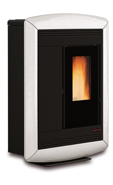 NORDICA-EXTRAFLAME SOUVENIR LUX 3,7-10,2 kW Revestimiento en acero barnizado y mayólica. Hogar en fundición extraíble. Vitro cerámico resistente a 750°. Colores: Blanco , negro antracita, y burdeos.