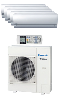 PANASONIC KIT 5XE77777-QBE WIFI multi-split Etherea 5x1 Inverter+ Exterior:CU5E34PBE Interiores:5 CS-XE7QKEW plateado con control por teléfono inteligente.