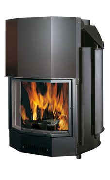 EDILKAMIN ACQUATONDO PRISMÁTICO 22 de 23 Kw.salida humos hembra Ø 22 cm, con reducción a Ø 20 en dotación. Completado de brasero y posibilidad de asador , fuego de acero y fundición.