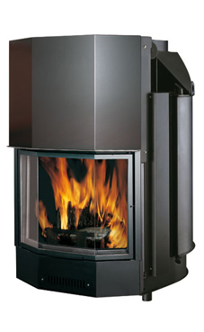 EDILKAMIN ACQUATONDO PRISMÁTICO / CS 29 de 27 Kw.salida humos hembra Ø 25 cm,  serpentin y válvula de seguridad incorporados. Completado de brasero y posibilidad de asador , fuego de acero y fundición. Revestimientos: lineales.