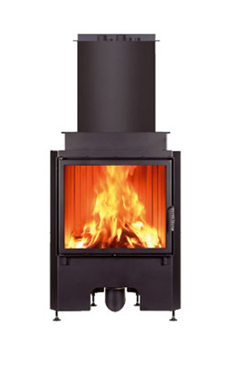 EDILKAMIN THERMOFIRE PLANO /CS de  14,8 Kw. salida humos hembra Ø 20 cm posterior o superior,  fuego de refractario. Revestimientos: sobre medida. Chimenea de agua a leña con estructura de acero y fuego de refractario.